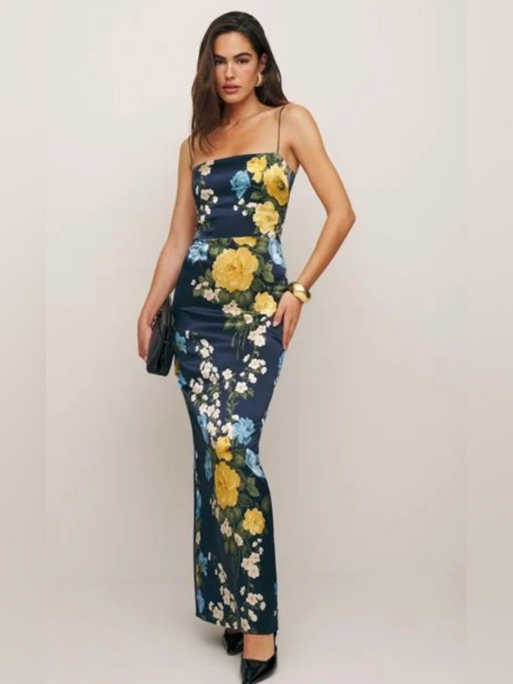 Reformation Navy Silk Dress with Yellow & Blue Floral Print